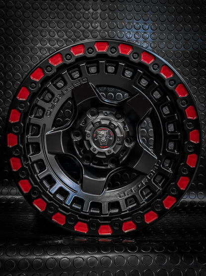 4 llantas 17x9 6x139.7 et 0 negra mate con detalles en rojo